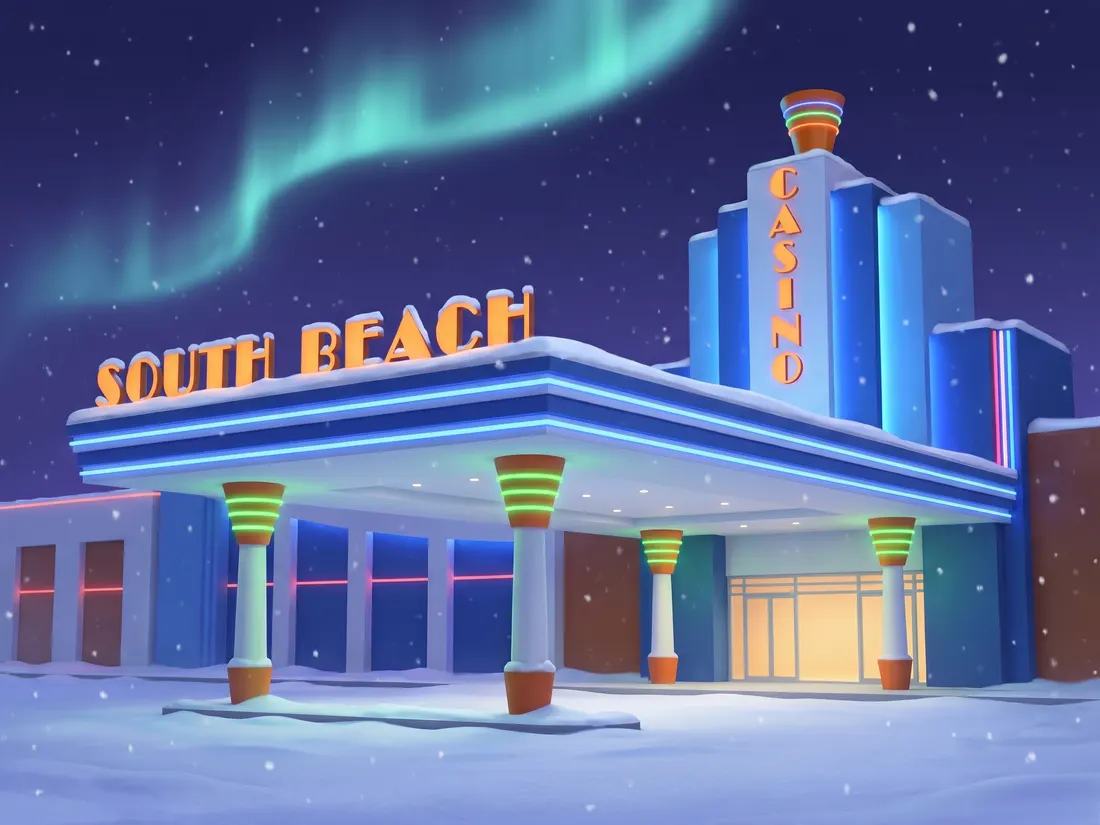 South Beach Casino & Resort entrance on a snowy night