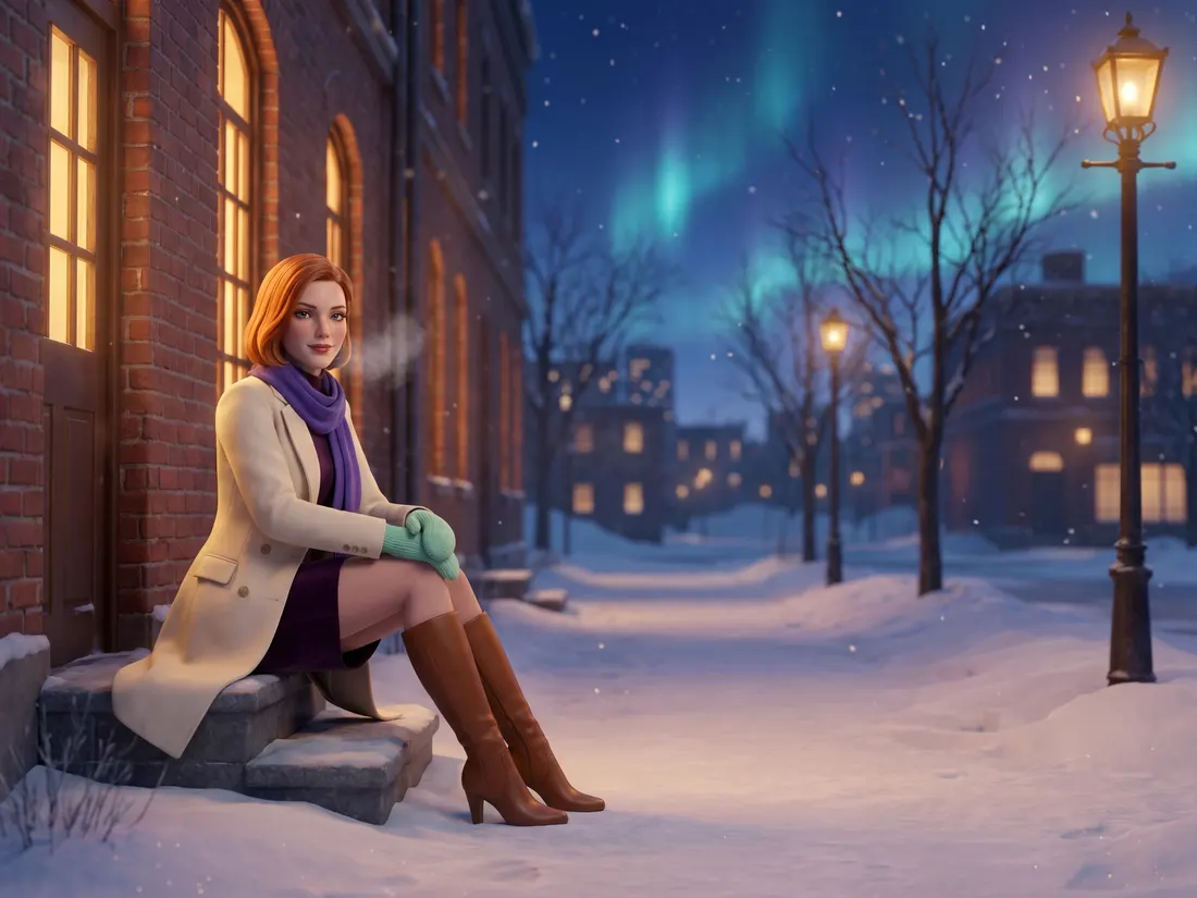 A woman on snowy steps on a winter evening